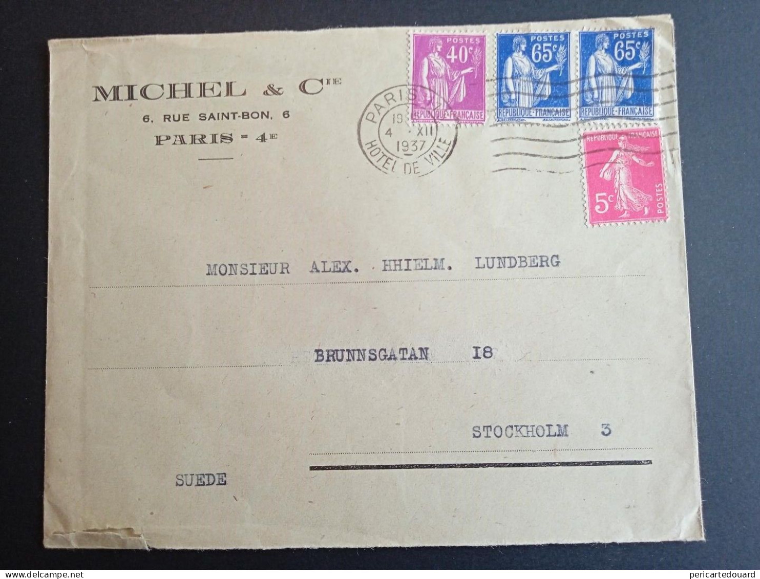 Paix 281 Et 365, Semeuse 278B Sur Lettre Pour La Suède Au Tarif Du 01/08/1937 De 1,75FR. Suppression SA Le 10/08/1937 - 1932-39 Vrede