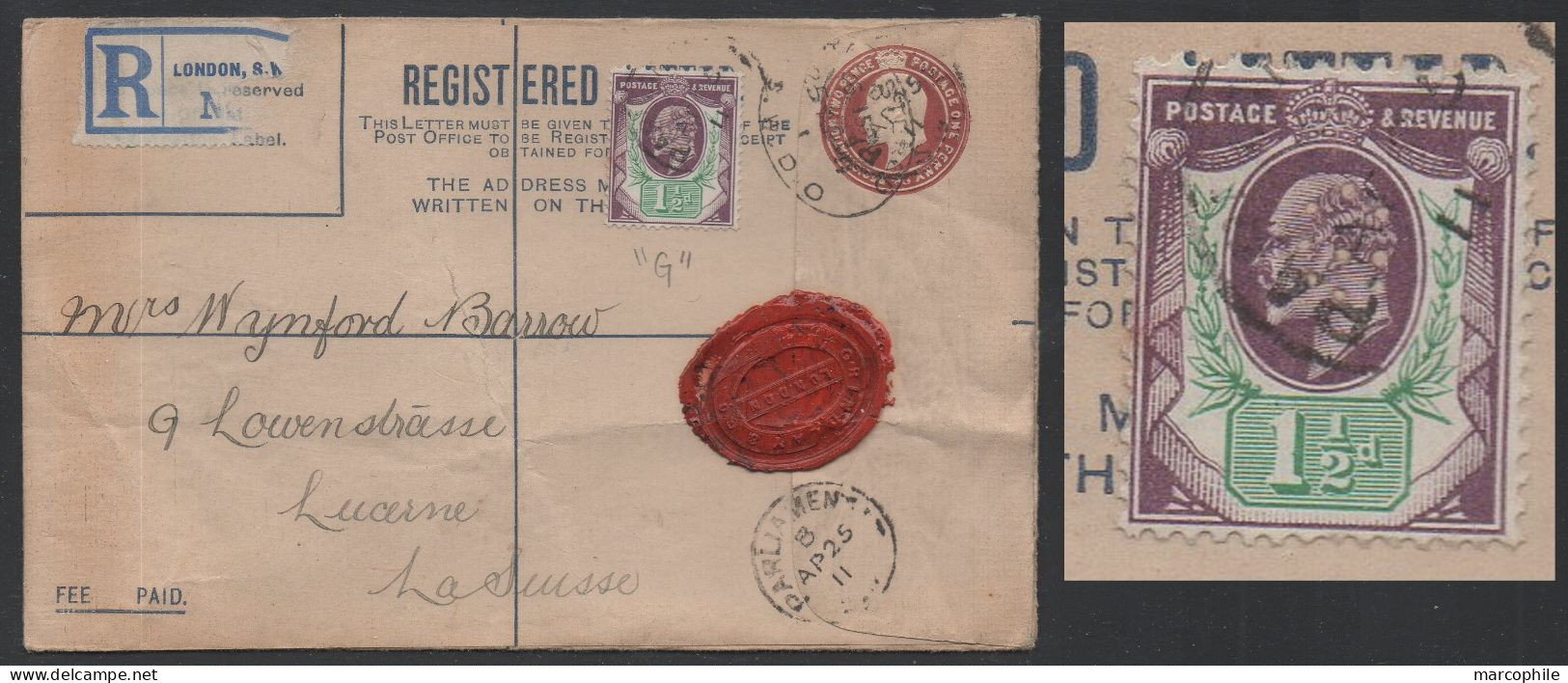 GB / 1911 PERFIN "G" (GRINDLAY & Co) WAX SEAL ON RGD COVER ==> SWITZERLAND (ref 9012) - Perfin