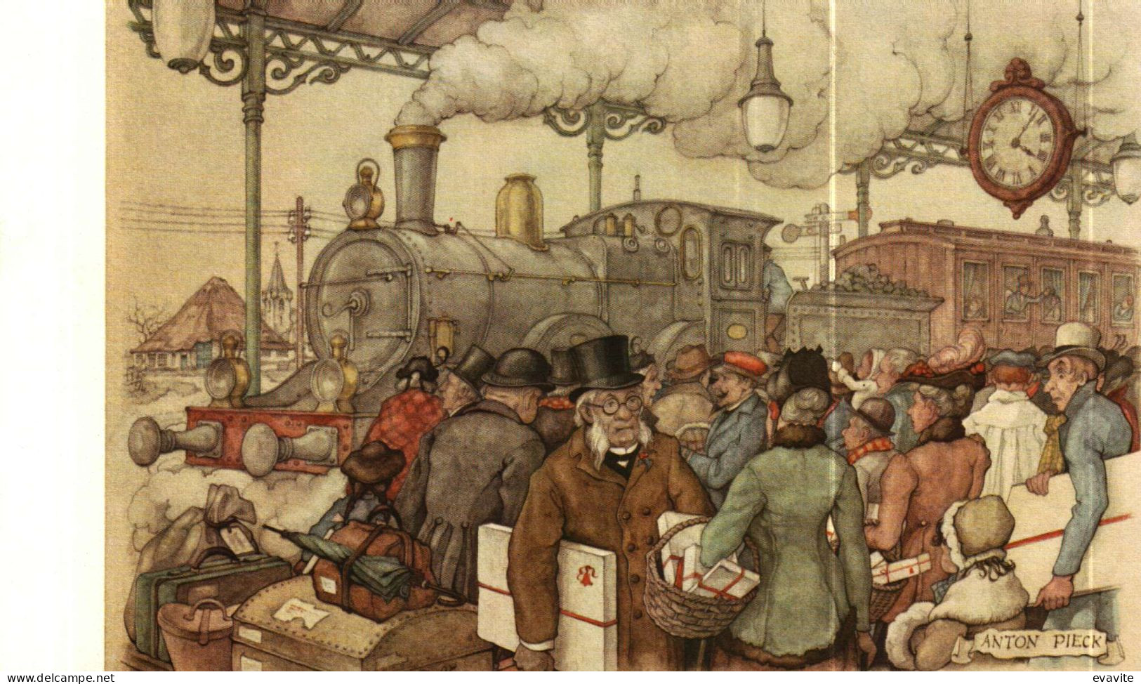 Carte Double Illustration Anton Pieck -    Locomotive, Gare, Voyageurs - Pieck, Anton