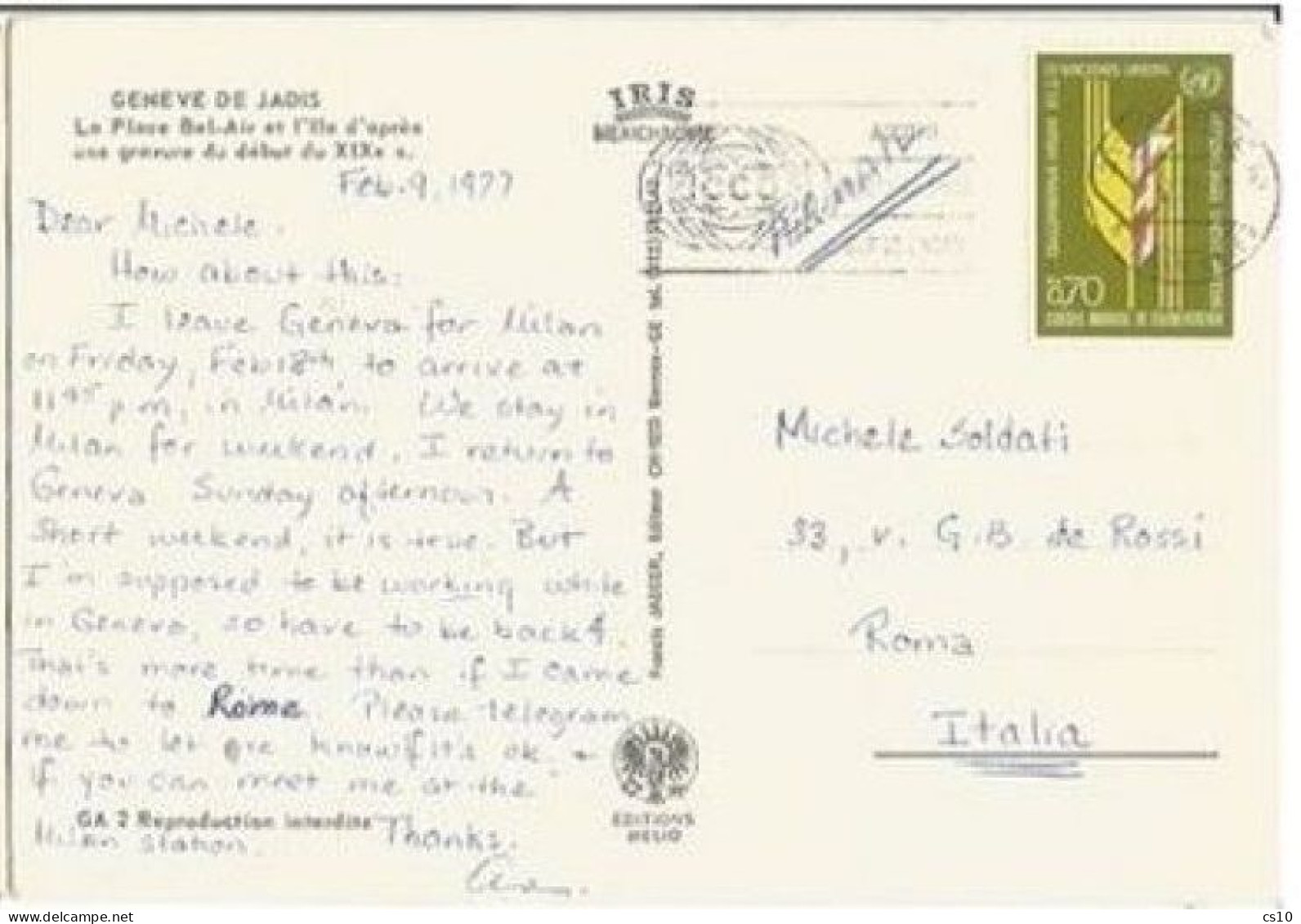 Suisse United Nations Conseil Mondiale Alimentation FS0.70 Solo Franking Pcard Geneve 10feb1977 To Italy - Marcophilie