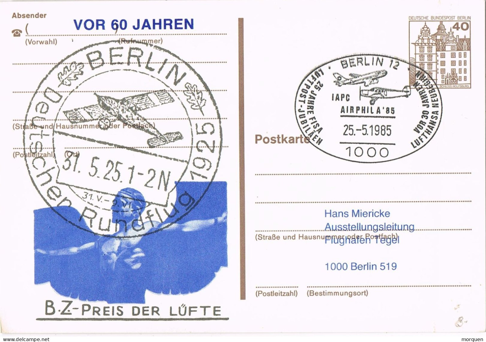 54542. Entero Postal BERLIN (Alemania Berlin) 1985. Berlin RUNDFLUG 60 Jahren. B.Z. - Postkarten - Gebraucht