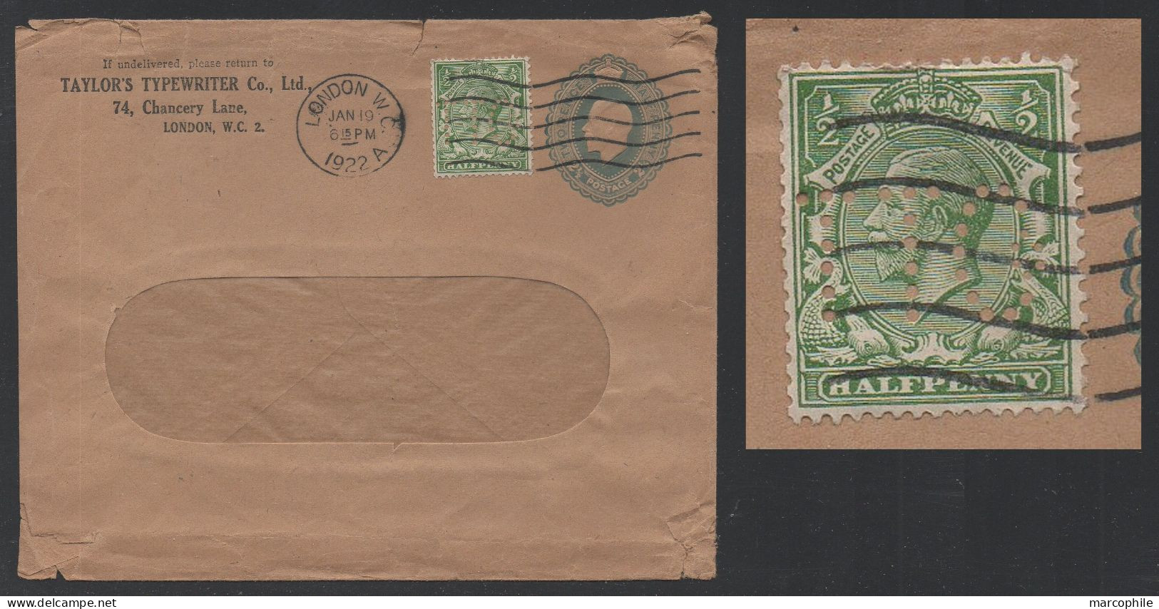 GB / 192 PERFIN "TTCo" (TAYLOR'S TYPEWRITER Co) WAX SEAL ON PRIVATE POSTAL STATIONERY ENVELOPE (ref 9012) - Perforadas