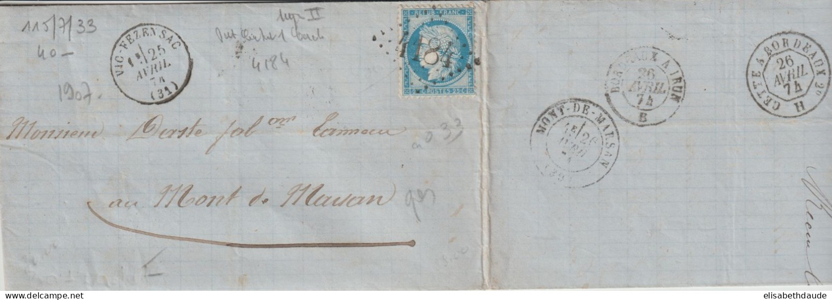 1874 - CERES YVERT N° 60 TYPE II ! SUR LETTRE De VIC-FEZENSAC GC 4184 (GERS) => MONT DE MARSAN - 1871-1875 Cérès