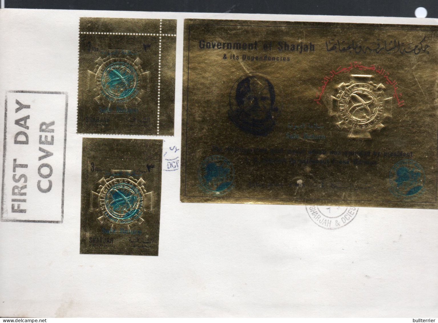 SPACE -  SHARJAH - APOLLO SAFE RETURN SET OF 2 + S/SHEET GOLD ON FIRST DAY COVER - Storia Postale