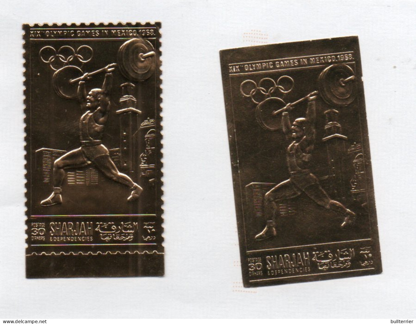 OLYMPICS - SHARJAH - 1968 -OLYMPICS / WEIGHTIFTING GOLD STAMP PERF & IMPERF MINT NEVER HINGED - Ete 1968: Mexico