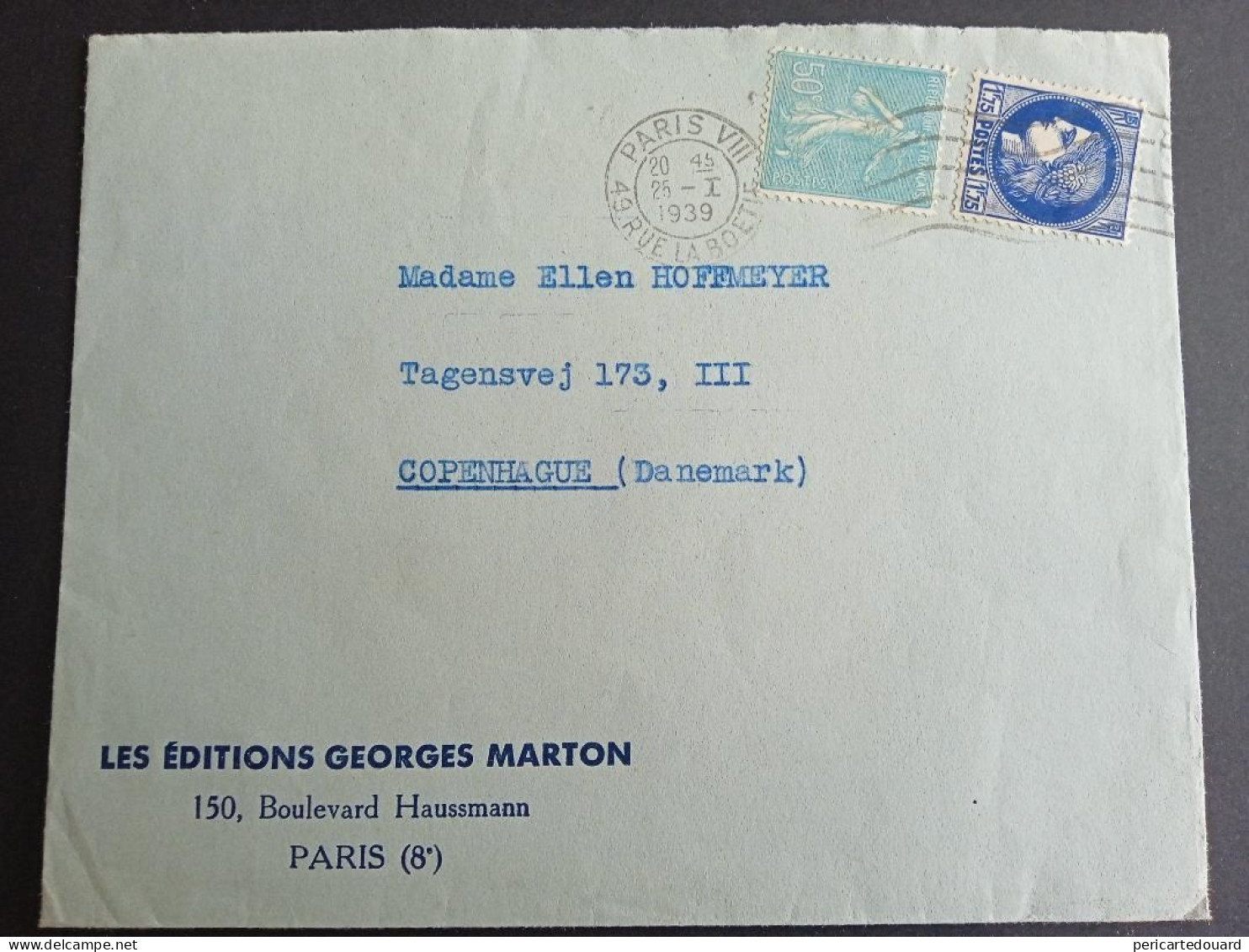 362 Et Cérès 372 Sur Lettre Pour Le Danemark Au Tarif Du 01/12/1938 De 2,25 Fr. Suppression SA Le 10/08/1937. Très Belle - 1903-60 Semeuse Lignée