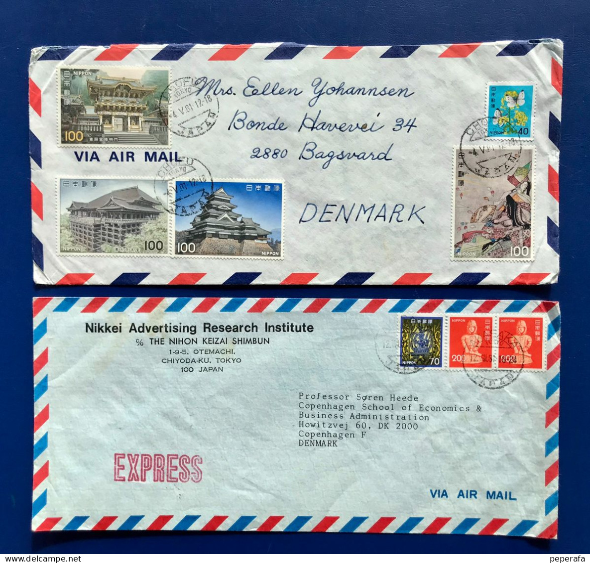 JAPAN NIPPON JAPON, 2 SOBRES CIRCULADO A DINAMARCA (LOTE 1) - Poste Aérienne