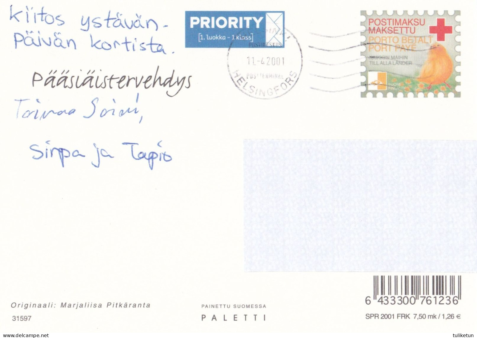 Postal Stationery - Easter Flowers - Birds - Finch - Great Tit - Great - Red Cross 2001 - Suomi Finland - Postage Paid - Postwaardestukken