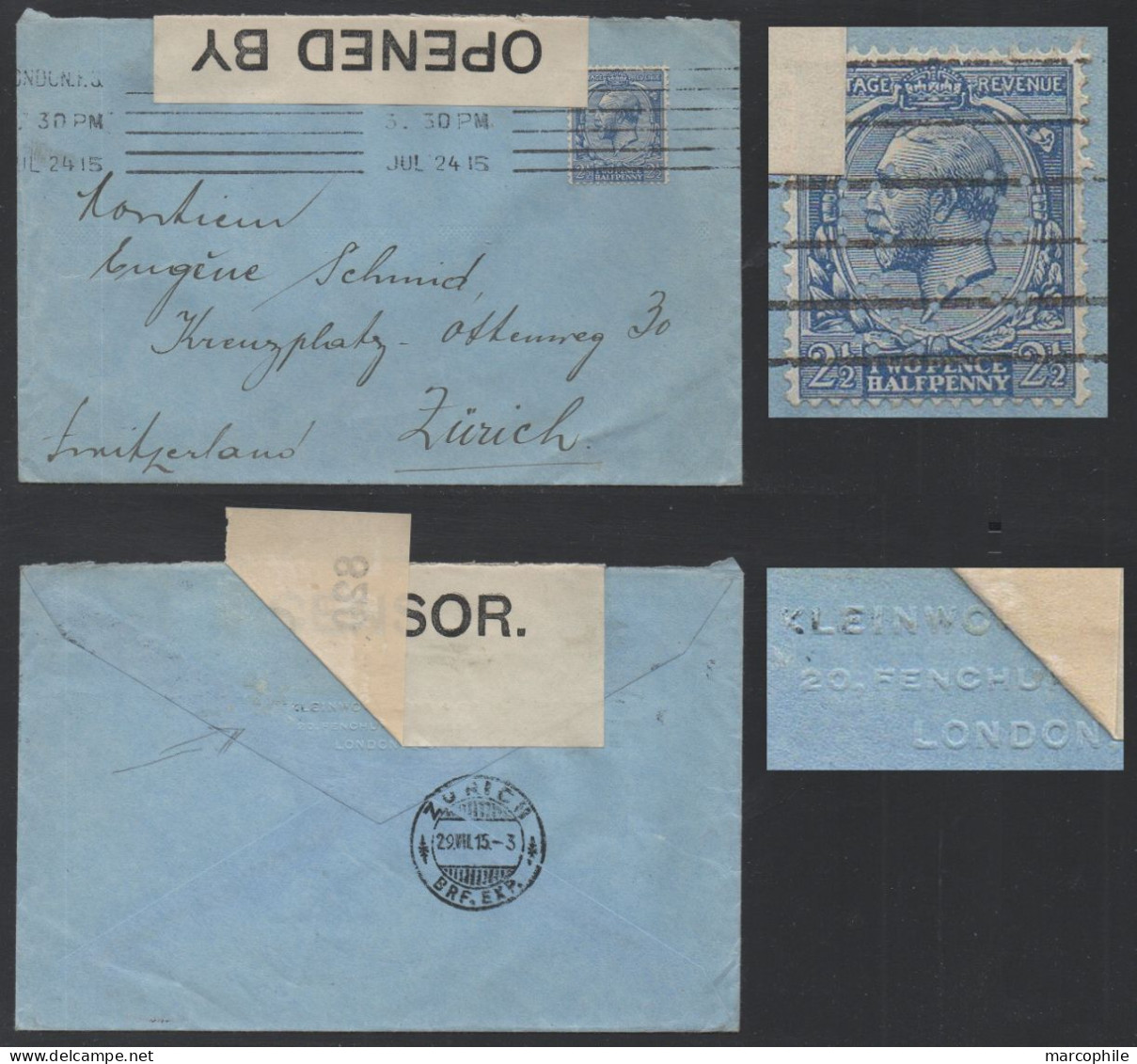 GB / 1915 PERFIN "KS/&Co" ON CENSORED COVER ==> SWITZERLAND - NAME ENGRAVED ON BACK (ref 9012) - Perfin
