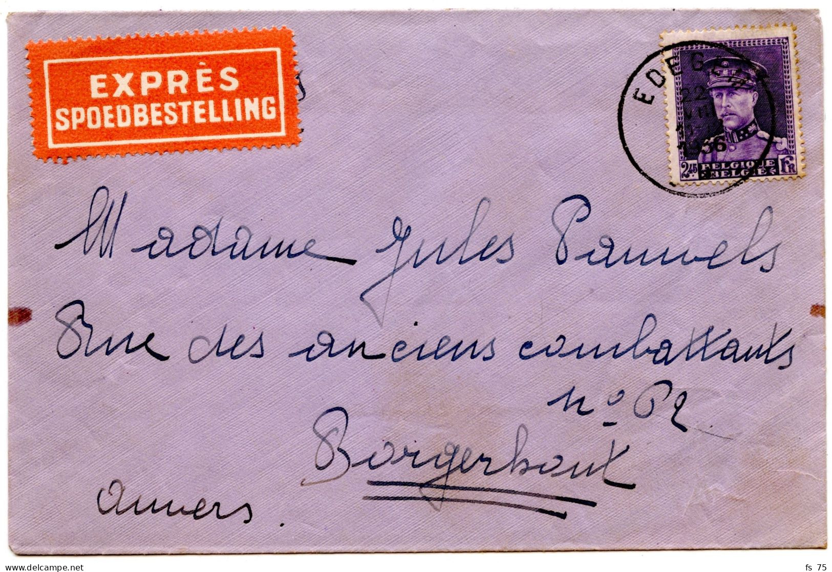 BELGIQUE - COB 322 SIMPLE CERCLE BILINGUE EDEGEM SUR LETTRE PAR EXPRES, 1936 - 1931-1934 Kepi