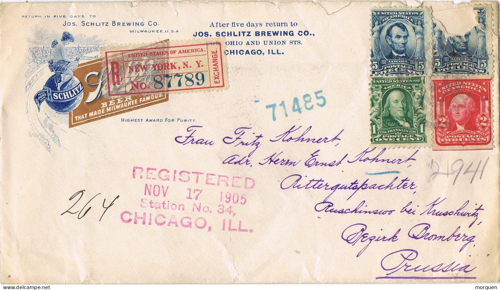 54544. Carta Certificada CHICAGO (Illinois) Label New York 1905. Comercial Milwaukee - Cartas & Documentos