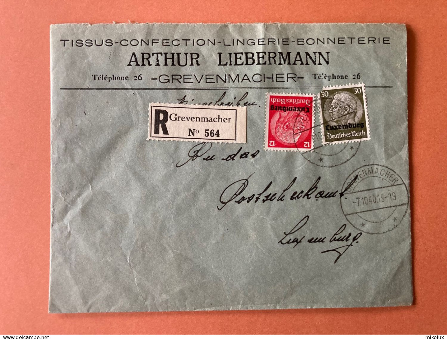 Luxemburg Grevenmacher . Arthur Liebermann   Briefumschlag 1940 - 1940-1944 Occupation Allemande