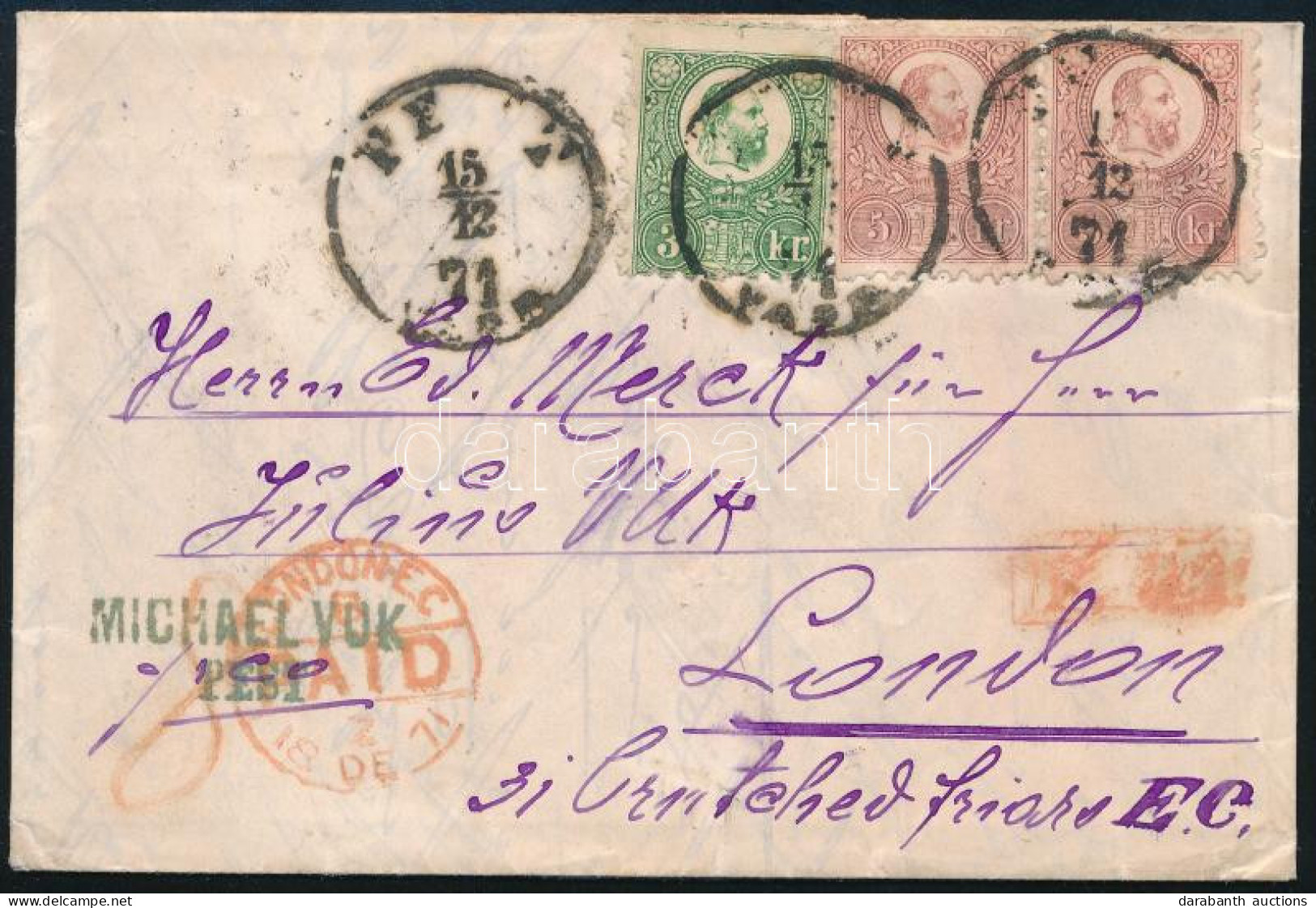 1871 Réznyomat 3kr + 2 X 5kr Levélen, + 8kr Weiterfranko "PEST / VASP" - "LONDON" - Andere & Zonder Classificatie