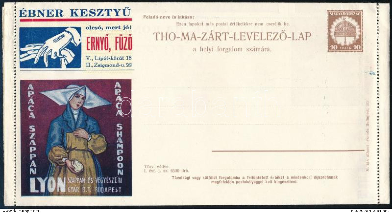 1930 THO-MA Hírdetéses Zárt Levelezőlap, Használatlan (200.000) - Other & Unclassified