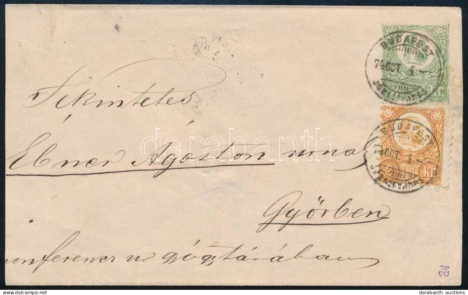 1874 3kr Díjjegyes Boríték Réznyomat 2kr Kiegészítéssel "BUDAPEST JÓZSEFVÁROS" - Győr - Otros & Sin Clasificación