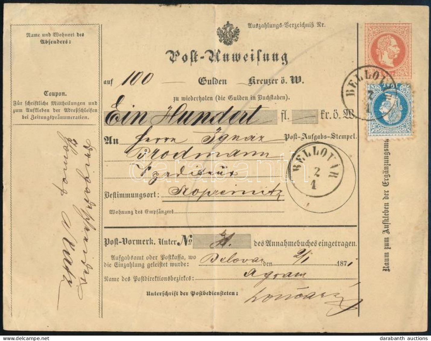 1871 5kr Díjjegyes Postautalvány 10kr Díjkiegészítéssel "BELLOVÁR" - Kék "KOPREINITZ" (Ryan 1871-es Ismeretlen Felhaszná - Altri & Non Classificati