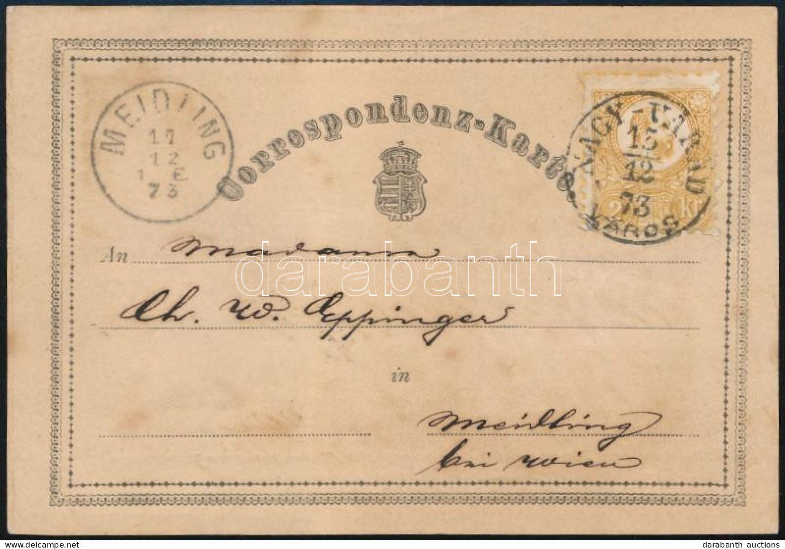 1873 2kr Díjjegyes Levelezőlap A Díjjegyre Ragasztoptt Réznyomat 2kr Kiegészítéssel, Hátoldalon Nyomdai Szöveggel "NAGY- - Other & Unclassified