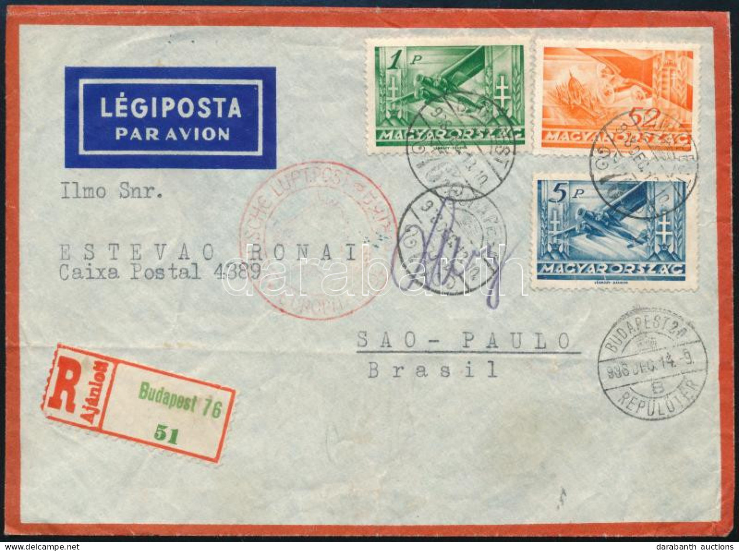 1938 Ajánlott Légi Levél Braziliába 6,52P Bérmentesítéssel - Autres & Non Classés