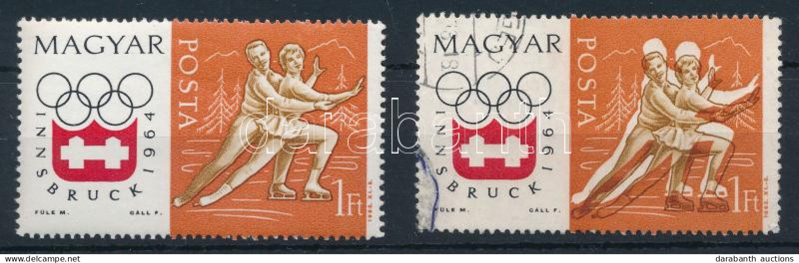 O 1964 Téli Olimpia 1Ft Látványosan Lefelé Tolódott Sötétbarna Színnyomattal + Támpéldány - Autres & Non Classés
