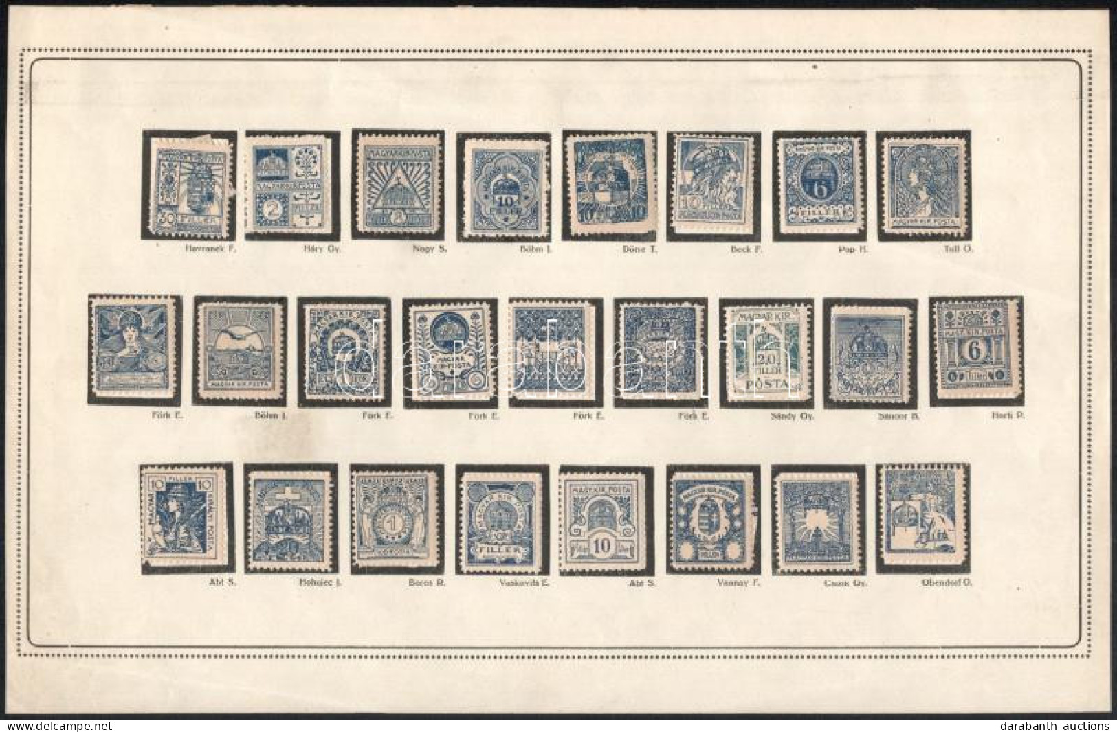 1898 25 Klf Turul Pályázati Bélyegterv Kék Színben, A Tervező Művészek Nevével, Papírlapra Ragasztva / 25 Different Turu - Other & Unclassified