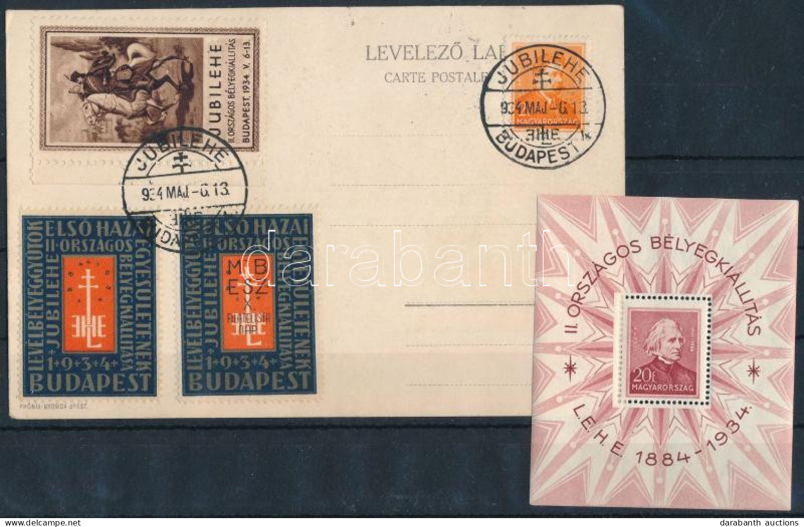 ** 1934 LEHE Képeslap "JUBILEHE BUDAPEST 4." Alkalmi Bélyegzéssel és 3 Db JUBILEHE Levélzáróval + LEHE Blokk (min. 40.00 - Other & Unclassified