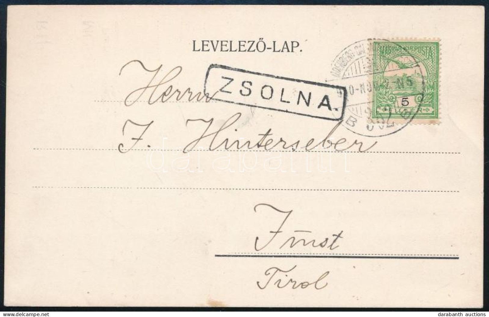 1910 Levelezőlap Turul 5f Bérmentesítéssel "ODERBERG-GALÁNTA-BUDAPEST" Ritka Szép Mozgóposta Bélyegzéssel "ZSOLNA" Felad - Other & Unclassified