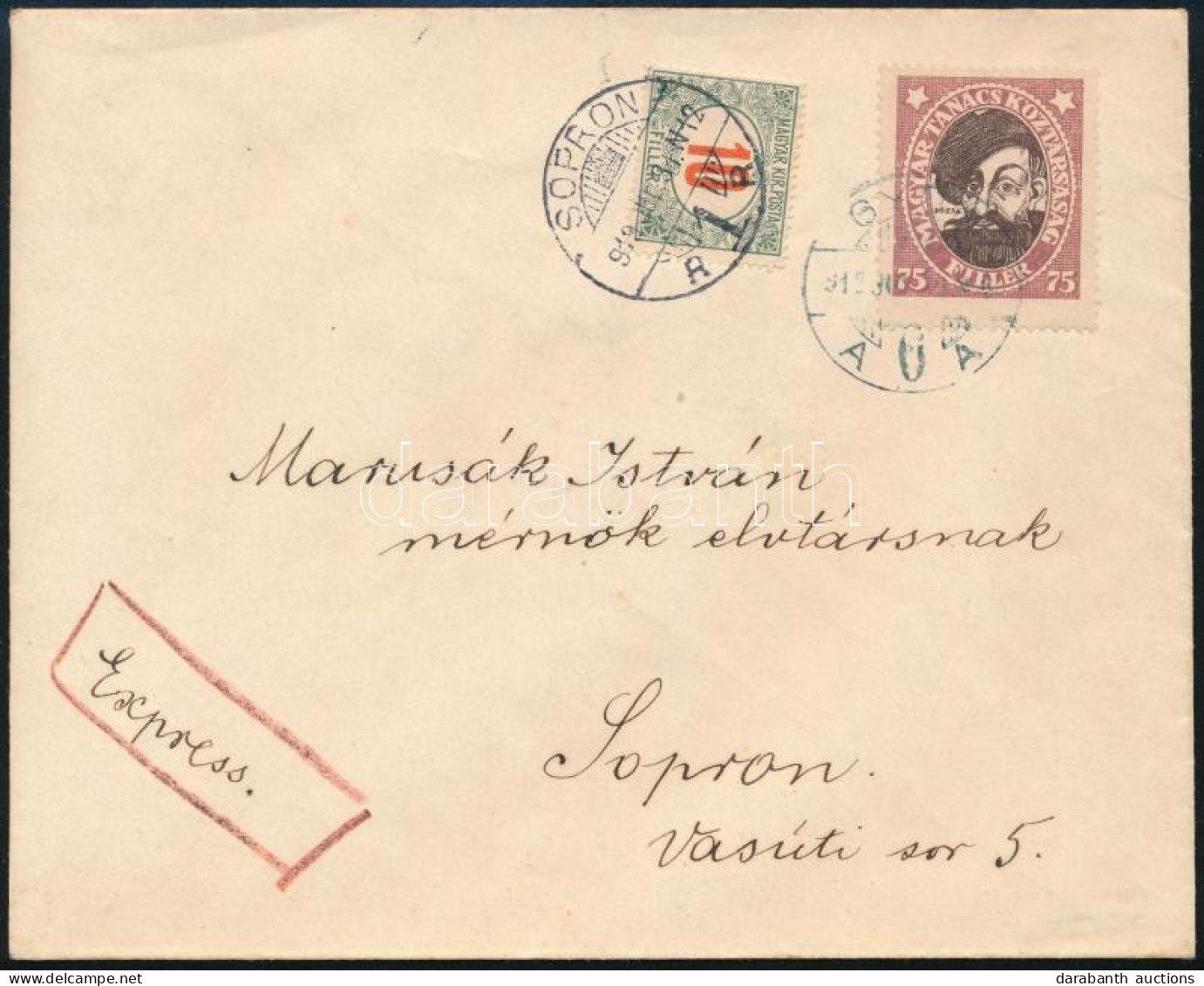 1919 Tanácsköztársasági Arcképek 75f Expressz Levélen Győrből Sopronba, Ott Portózva - Other & Unclassified