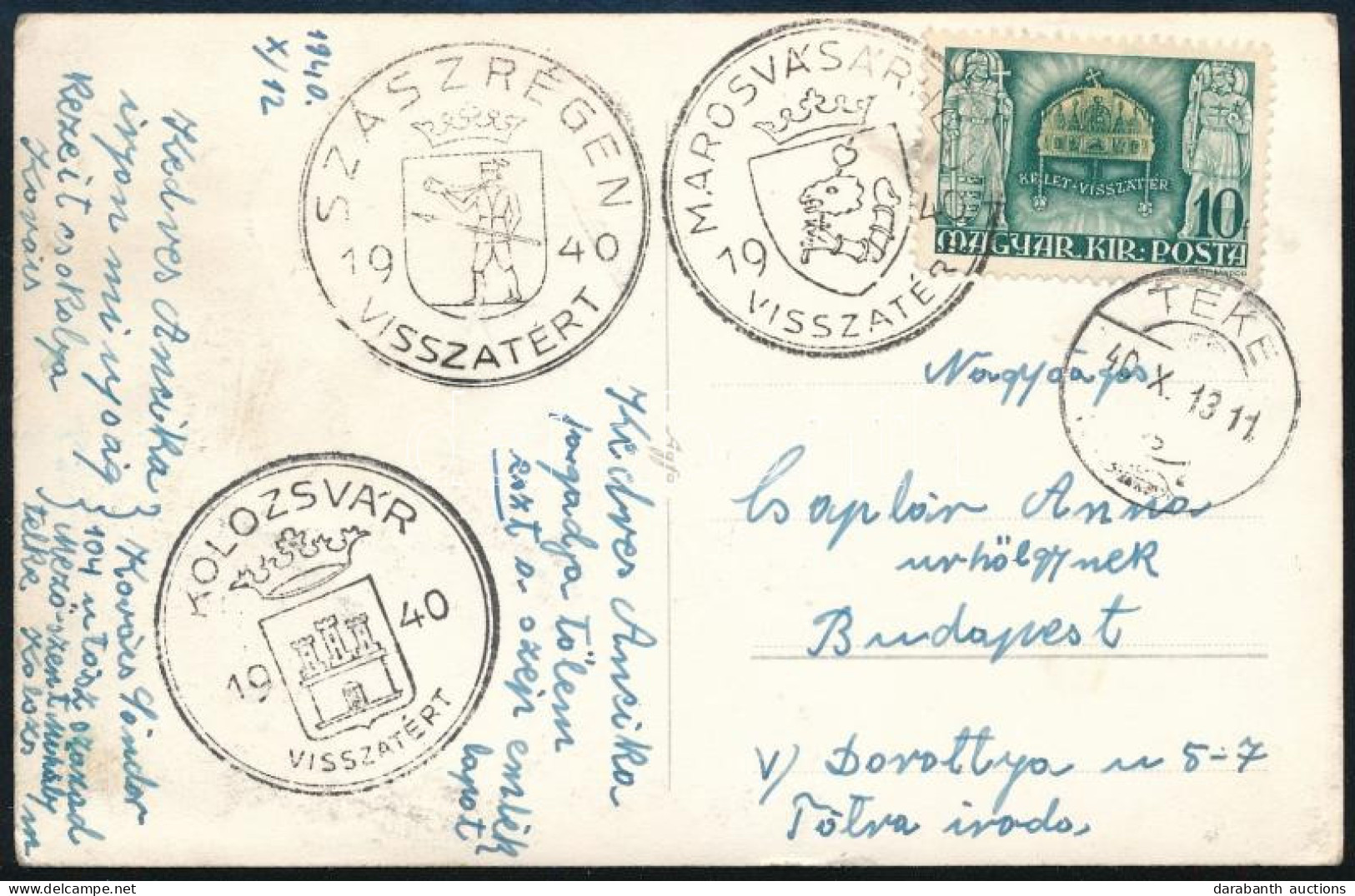 1940 Beszterce Képeslap Tekéről, Rajta KOLOZSVÁR, MAROSVÁSÁRHELY és SZÁSZRÉGEN VISSZATÉRT Bélyegzések, Budapestre - Other & Unclassified