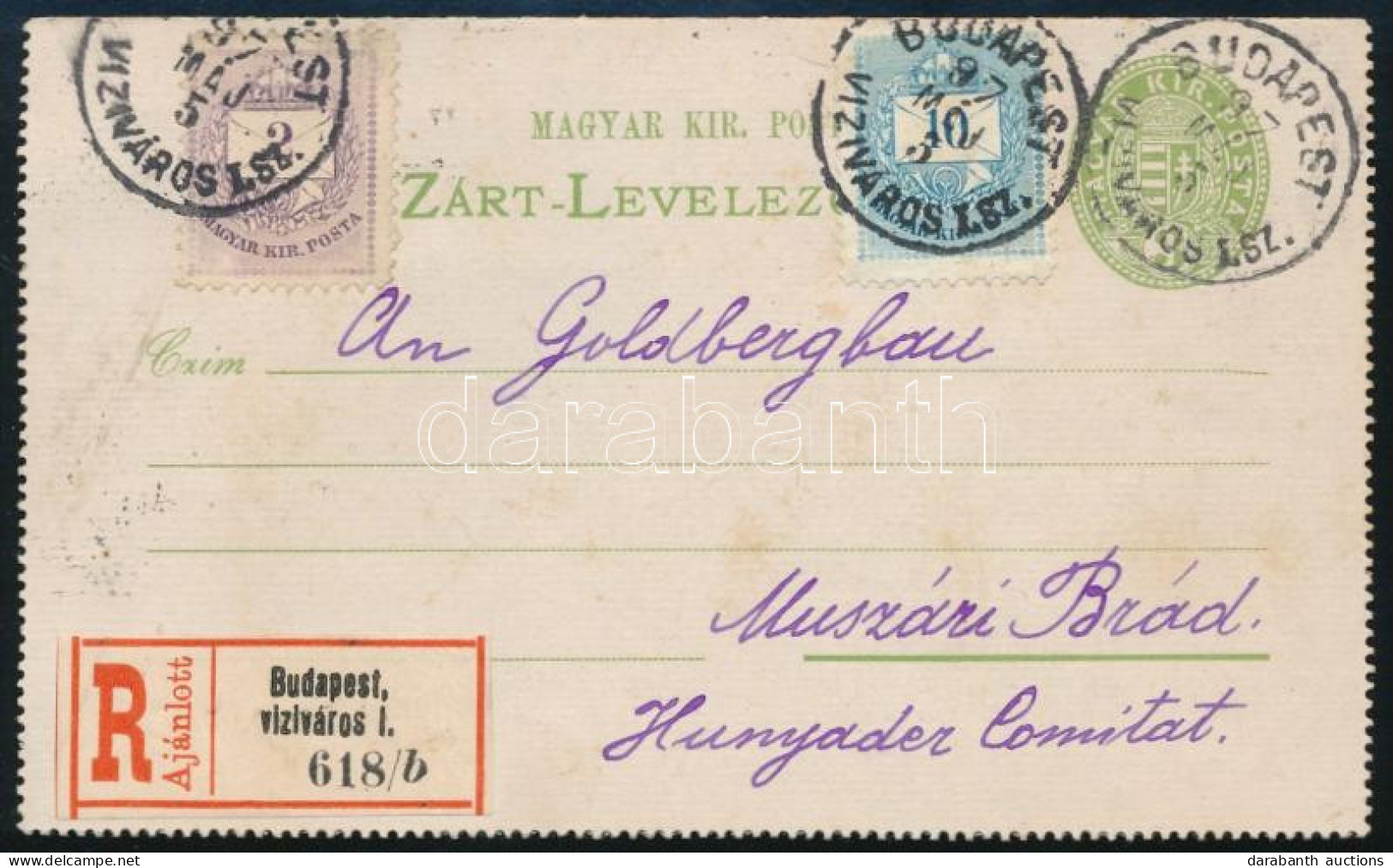 1897 3kr Díjjegyes Zárt Levelezőlap Színes Számú 2kr + 10kr Díjkiegészítéssel Alánlott Küldeményként "BUDAPEST VIZIVÁROS - Andere & Zonder Classificatie