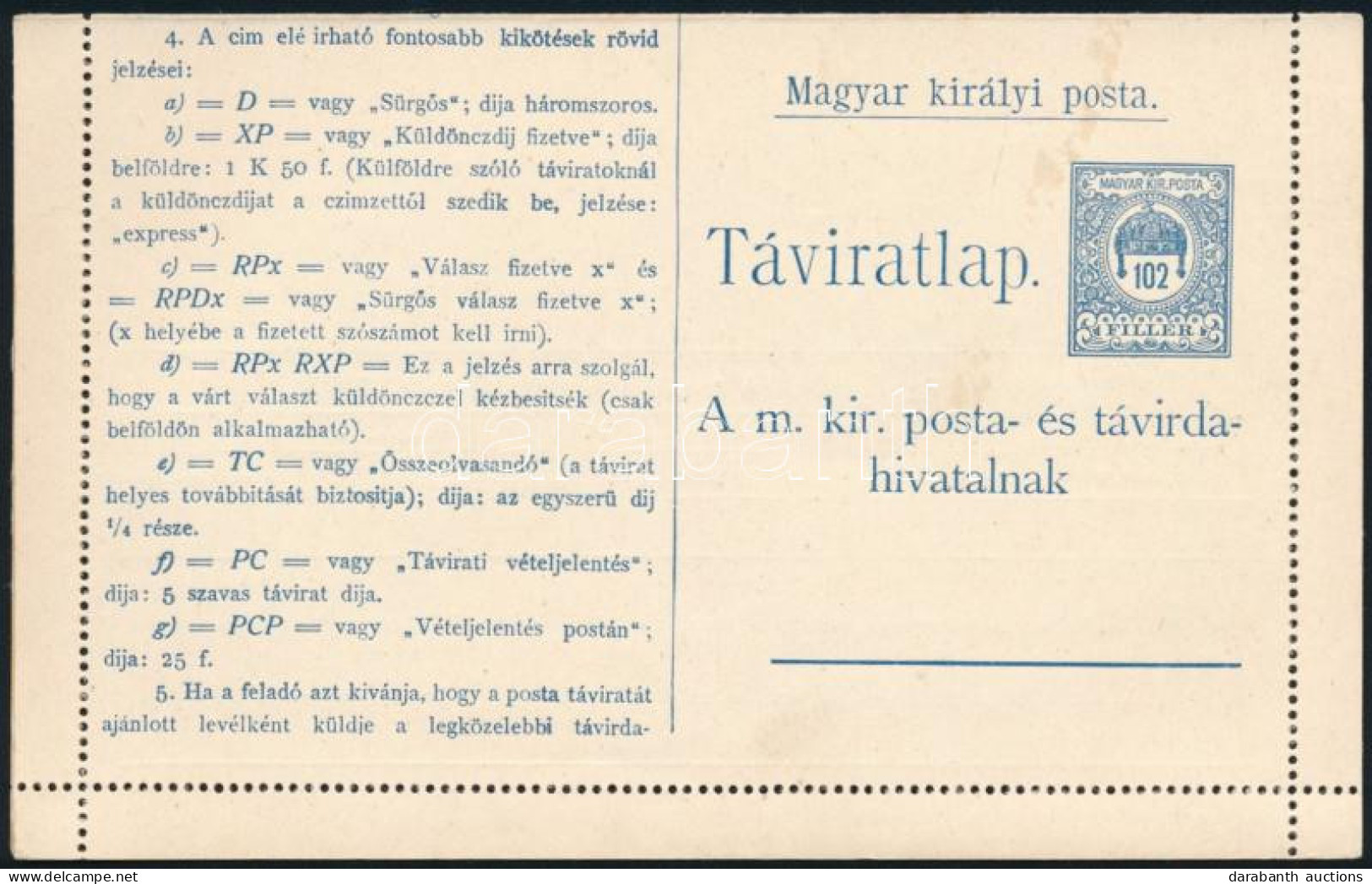 1916 Használatlan 102f Díjjegyes Zárt Táviratlap (30.000) - Andere & Zonder Classificatie