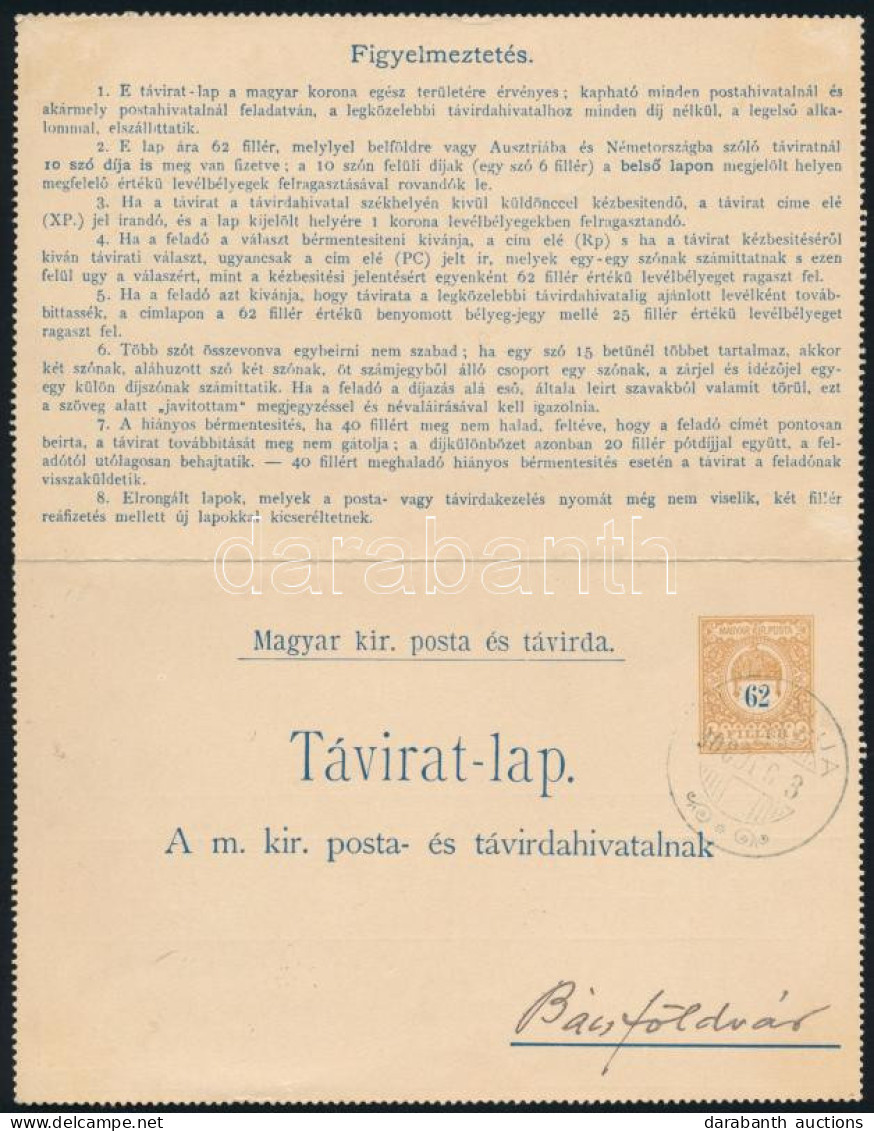 1908 62f Díjjegyes Zárt Táviratlap Nádaljáról Péterrévére 4 Szavas Szöveggel, Díjkiegészítés Nélkül - Otros & Sin Clasificación