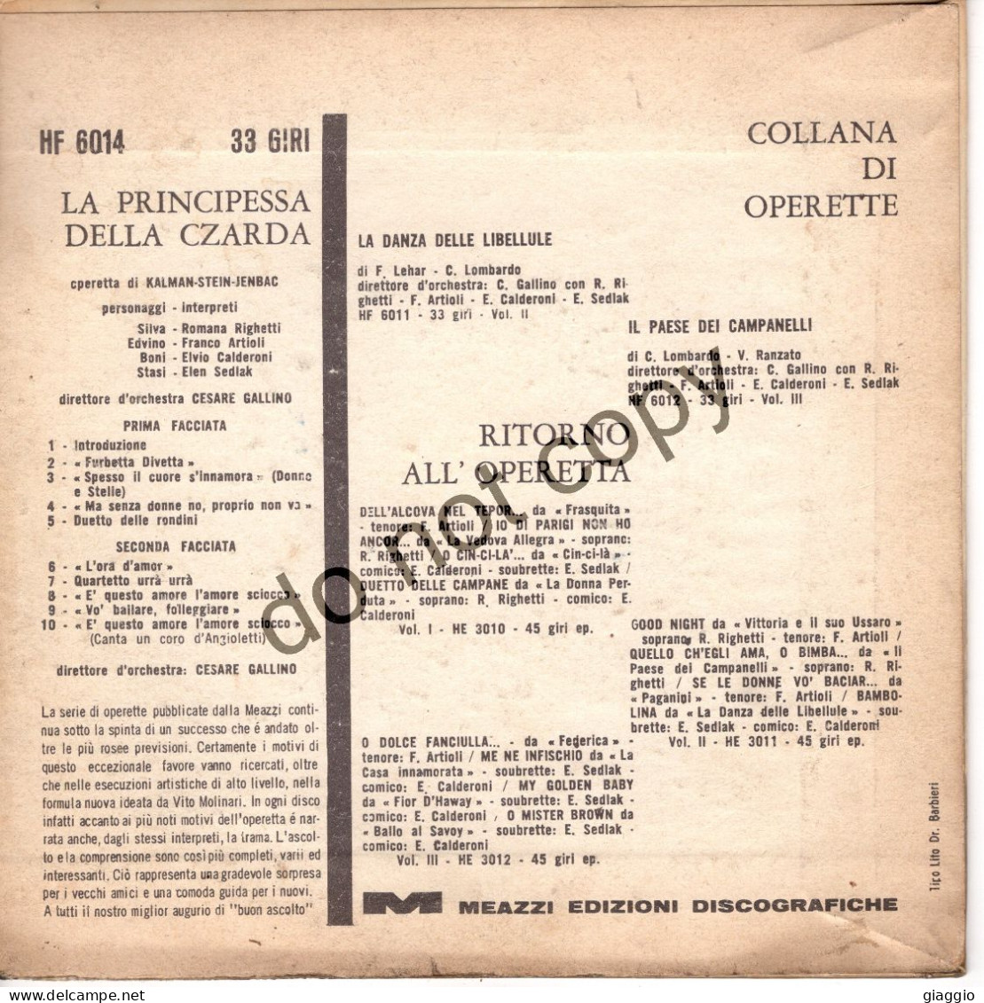 °°° 702) 45 GIRI - C. GALLINO - LA PRINCIPESSA DELLA CZARDA - OPERETTE VOL. 6 °°° - Autres - Musique Italienne