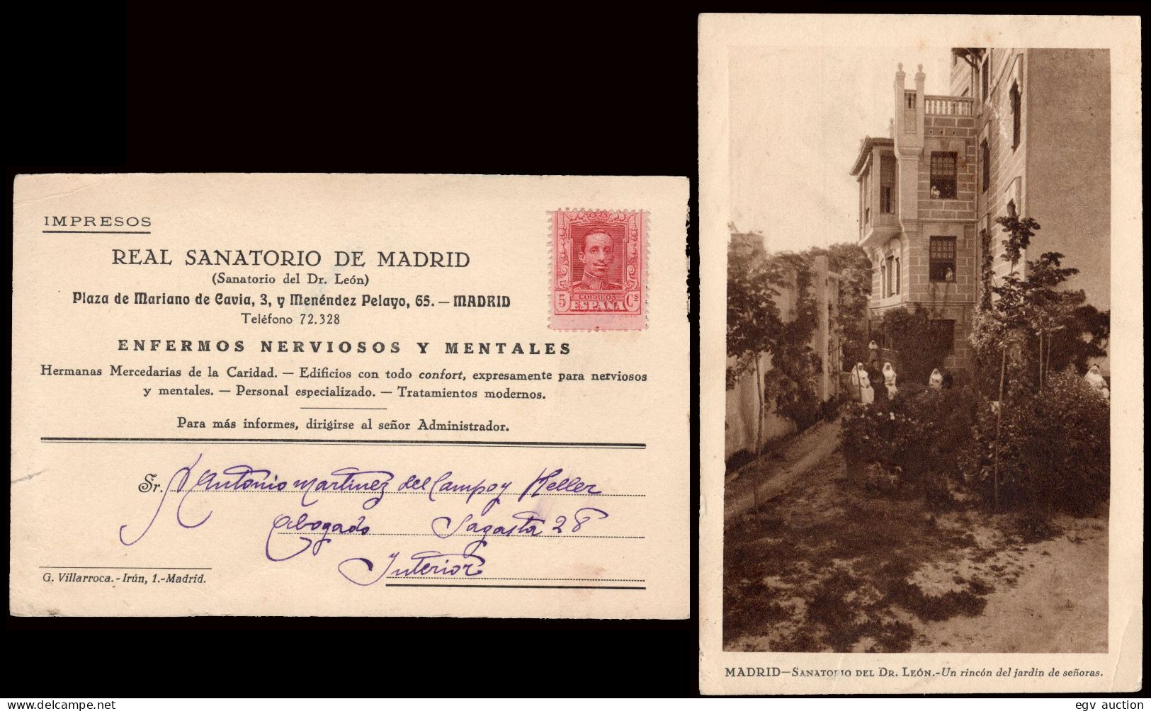 Madrid - Edi O TP 312 - Postal Con Publicidad "Real Sanatorio De Madrid - Enfermos Nerviosos...." Correo Interior - Storia Postale