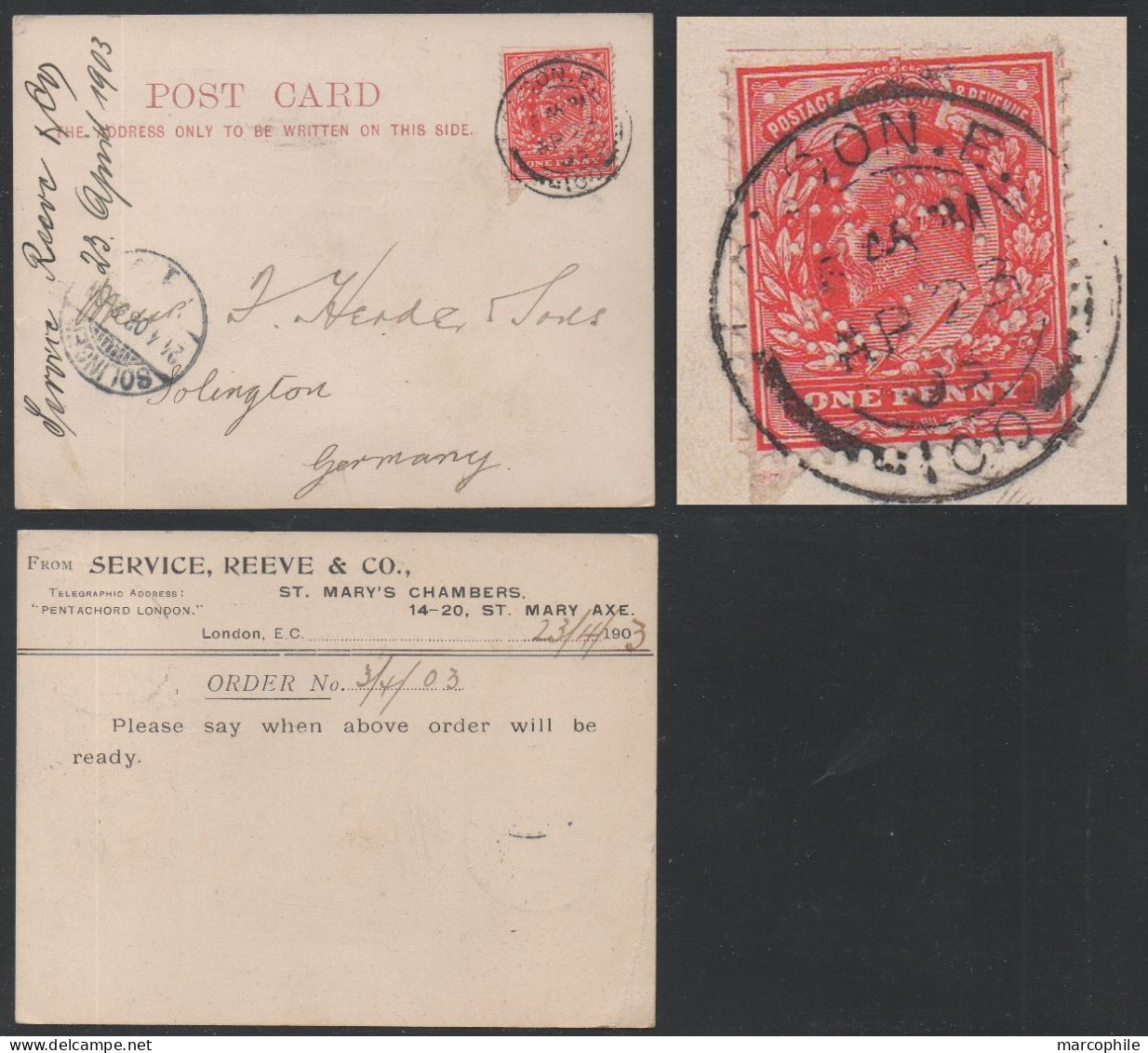 GB / 1903 PERFIN "SR / &Co" (SERVICE REEVE & Co) ON  COMMERCIAL CARD==> GERMANY (ref 9027) - Perforadas