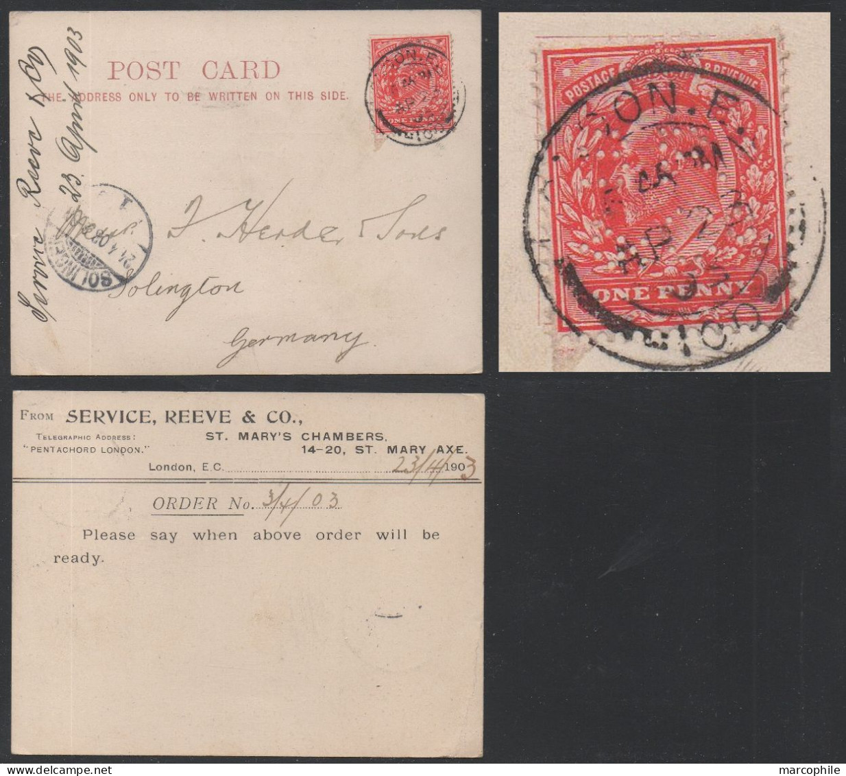 GB / 1903 PERFIN "SR / &Co" (SERVICE REEVE & Co) ON  COMMERCIAL CARD==> GERMANY (ref 9027) - Perforés