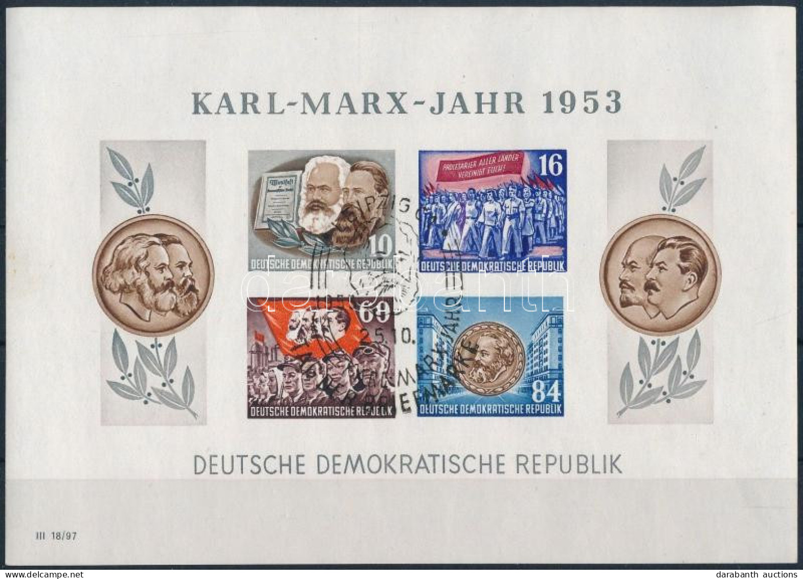 O NDK 1953 Marx Vágott Blokk Mi 9 B Alkalmi Bélyegzéssel (Mi EUR 150.-) - Andere & Zonder Classificatie