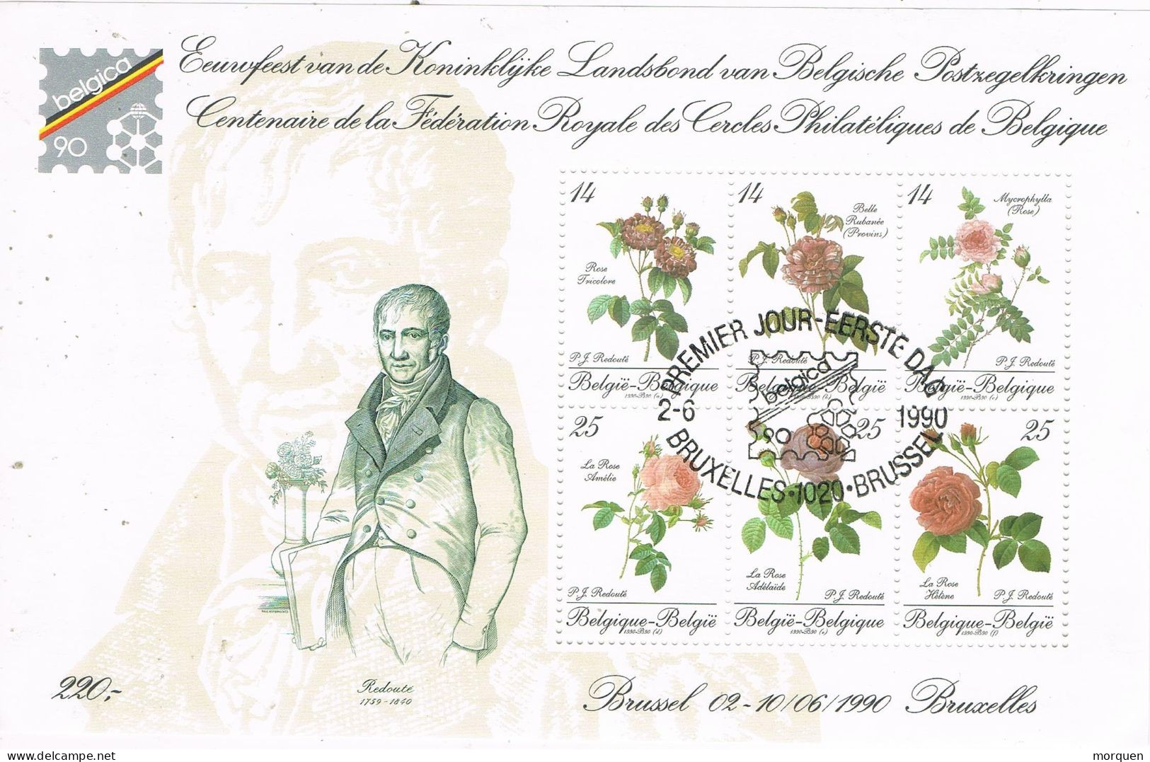 54545. Hojita BELGIEN 1990. Pierre Joseph REDOUTE, Rosas De Redoute, Fechador De Bruxelles º - Used Stamps