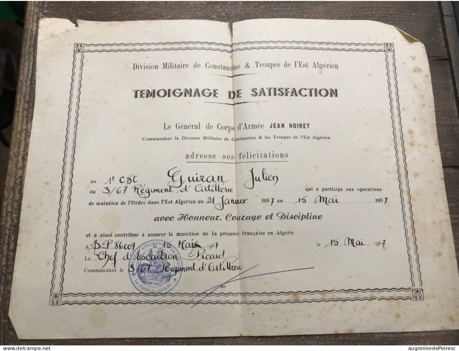 Témoignage De Satisfaction 67eme Régiment D’artillerie 1957 Algérie - Documents