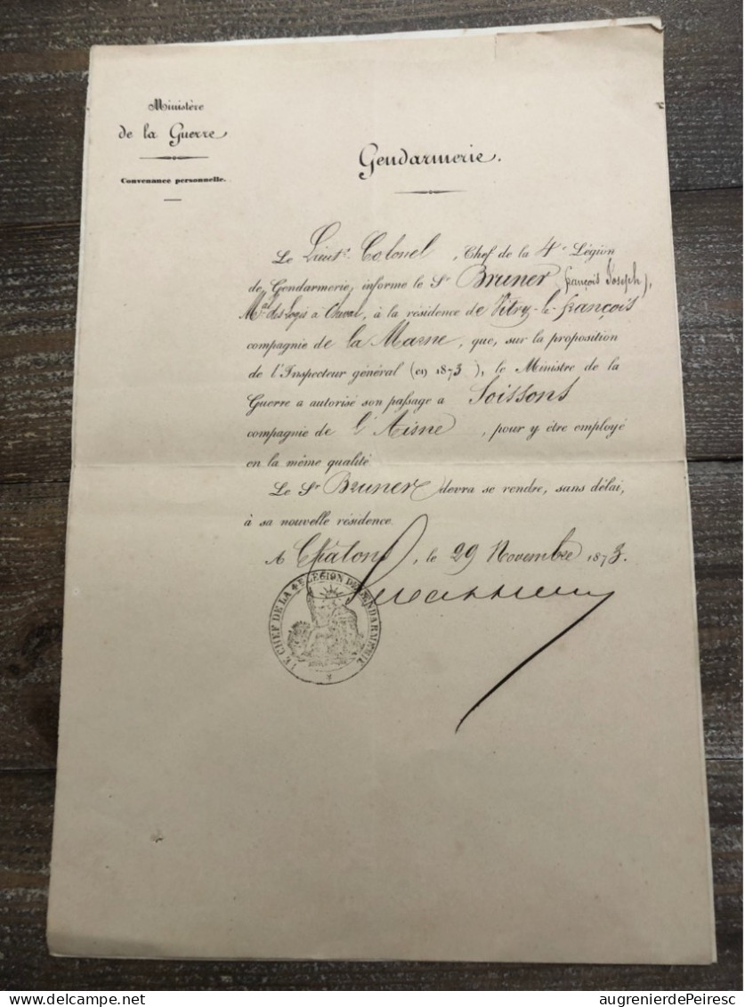 Affectation D’un Gendarme à Soissons 1873 - Police & Gendarmerie