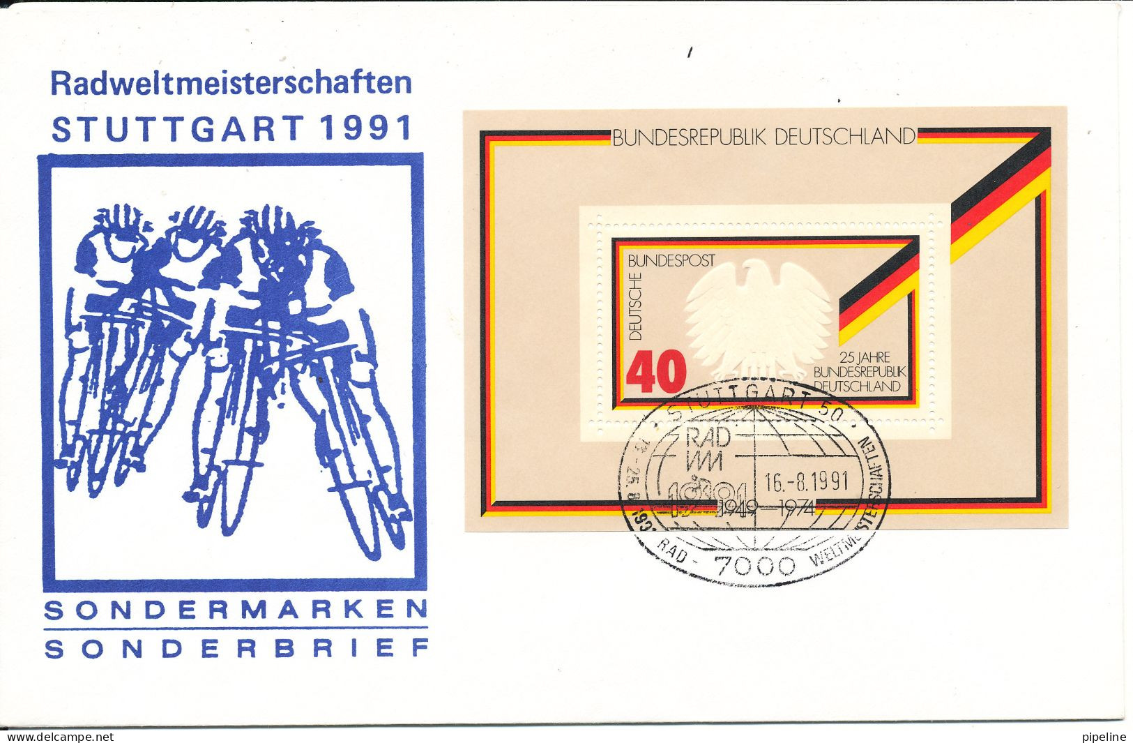 Germany Cover With Cachet Radweltmeisterschaften Stuttgart 1991 With Minisheet 25 Jahre Bundesrepublik - Radsport