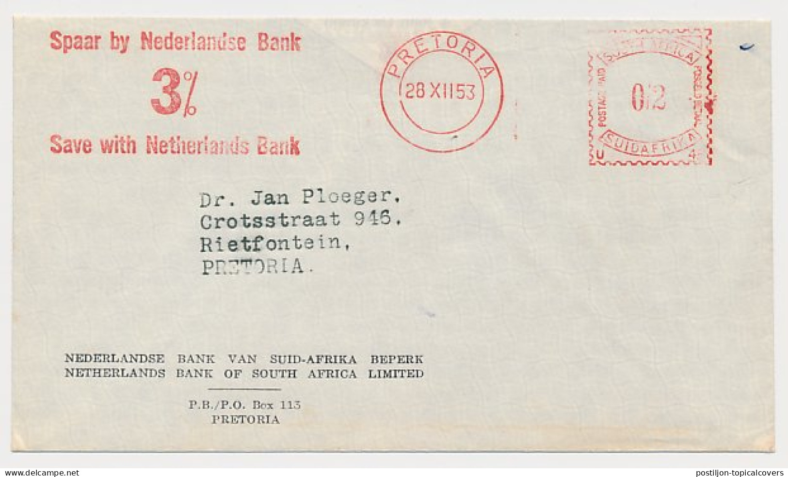 Meter Cover South Africa 1953 Save With Netherlands Bank - Zonder Classificatie