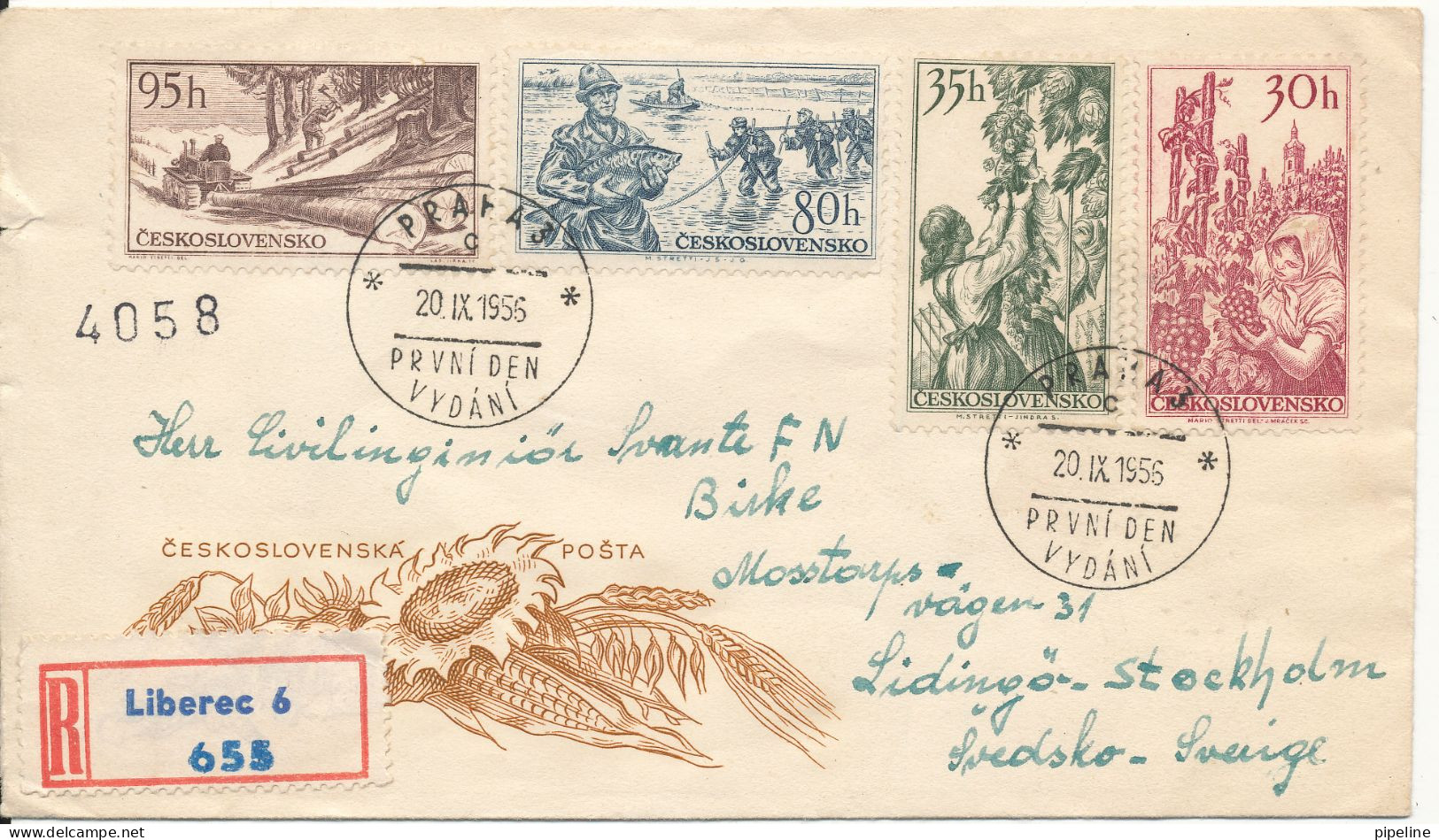 Czechoslovakia Registered FDC 20-9-1956 With Cachet Sent To Sweden - FDC