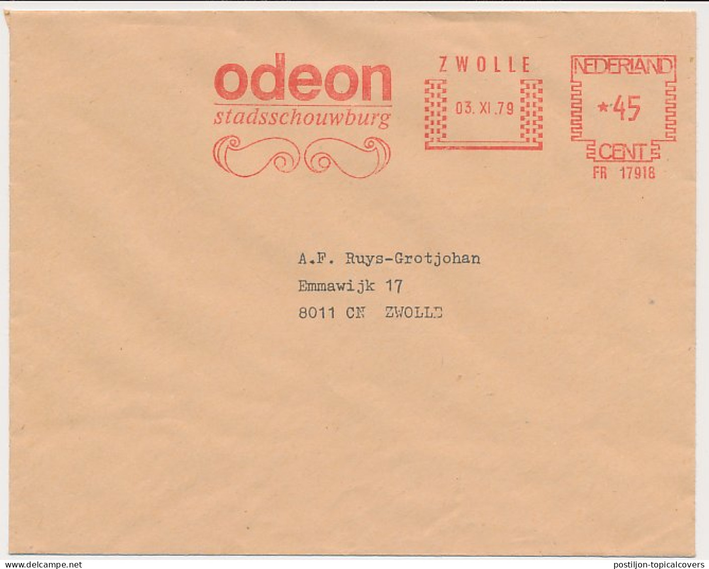 Meter Cover Netherlands 1979 Odeon - City Theater - Zwolle - Theatre