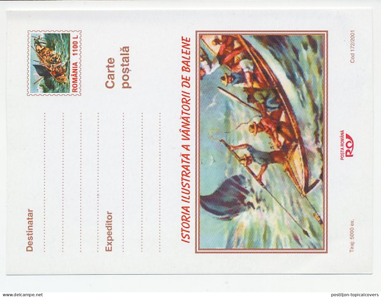 Postal Stationery Romania 2001 Whaling - Whale - Sonstige & Ohne Zuordnung