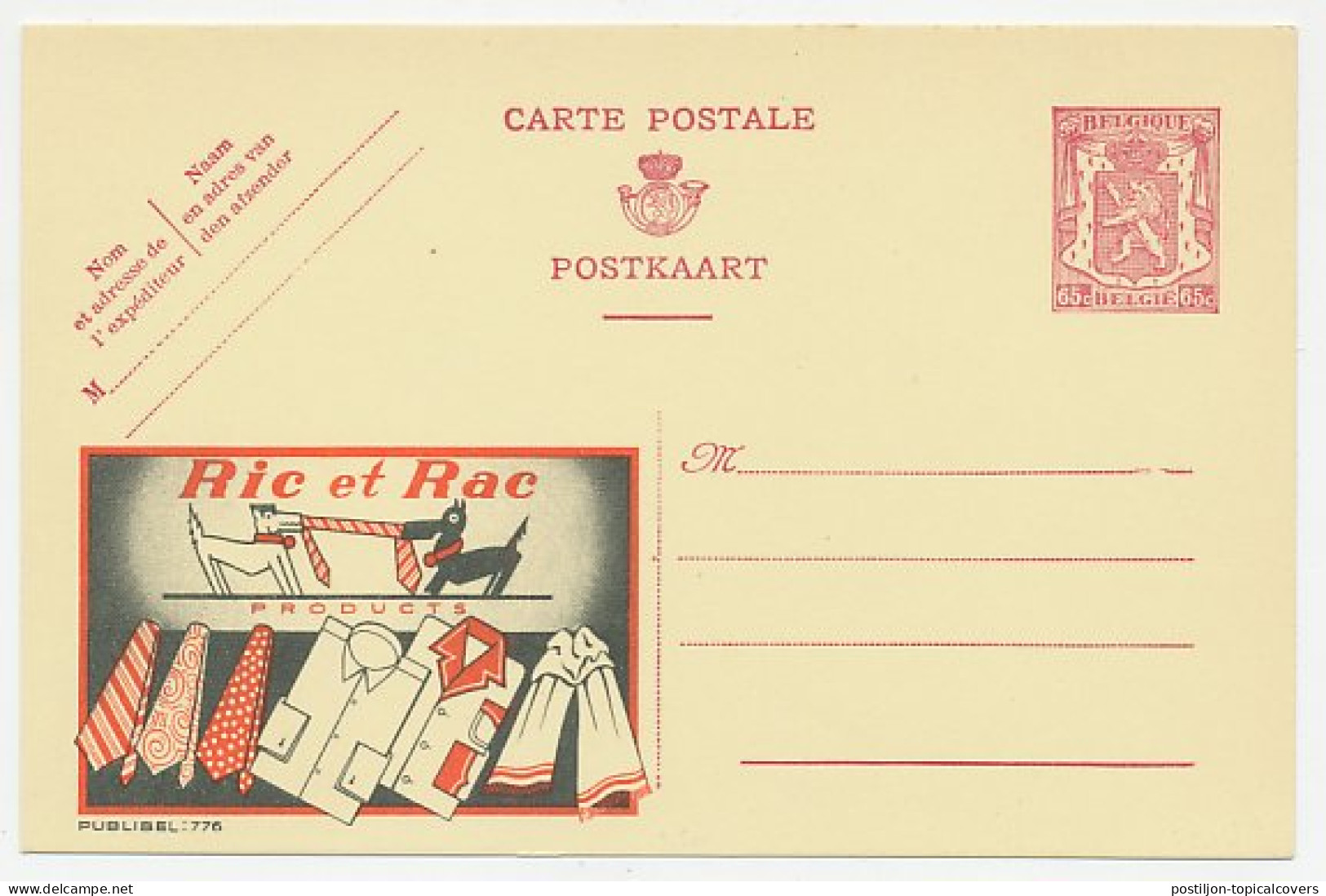 Publibel - Postal Stationery Belgium 1946 Shirt - Tie - Dog - Ric And Rac - Kostüme