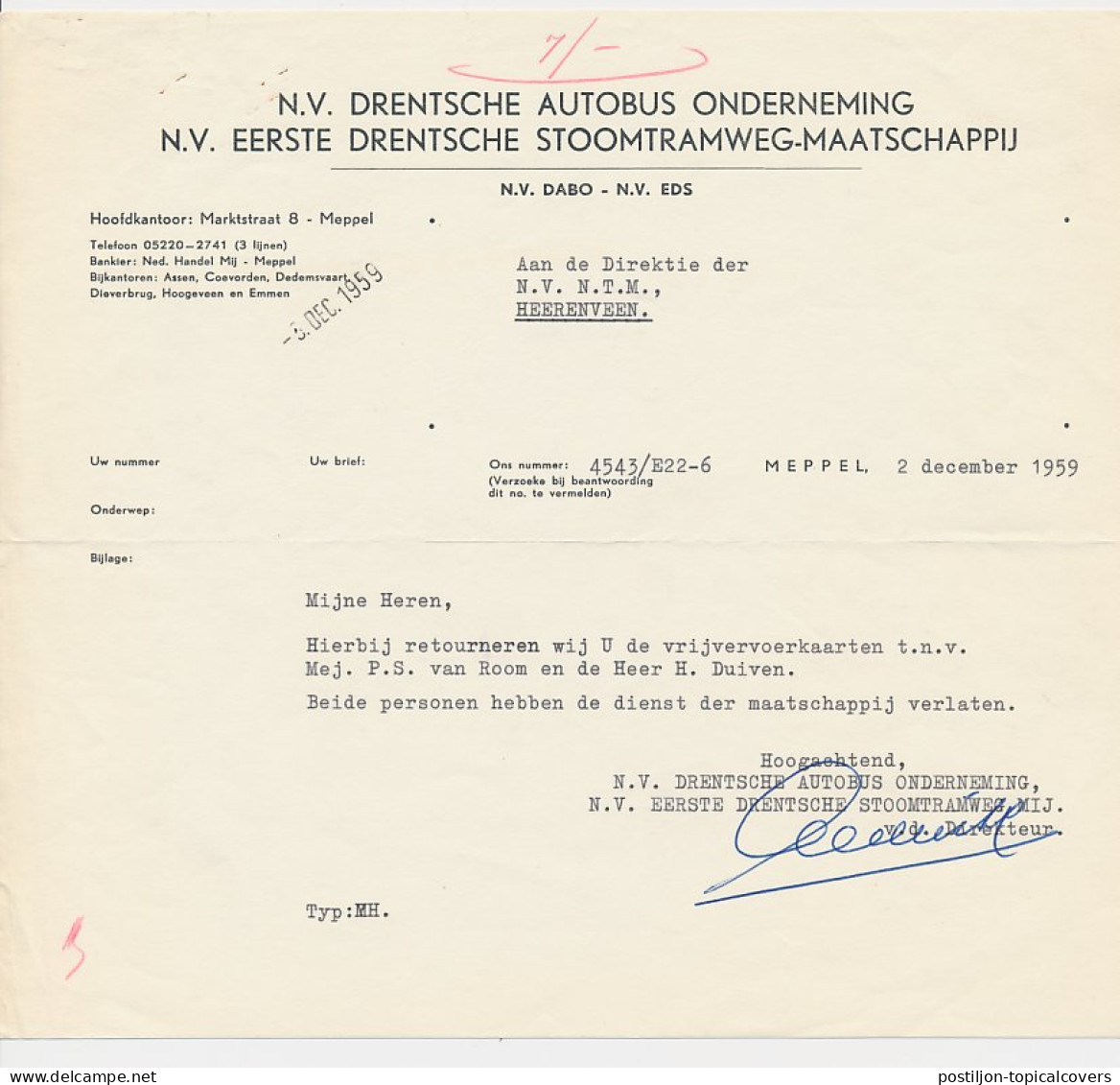 Brief Meppel 1959 - Eerste Drentsche Stoomtramweg Maatschappij  - Niederlande