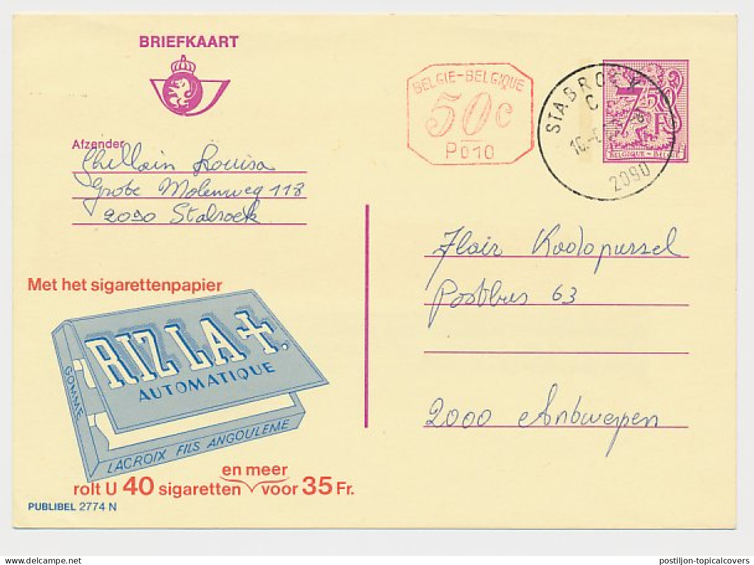 Publibel - Postal Stationery Belgium 1983 Cigarette Paper - Rolling Tobacco - Rizla - Tabaco