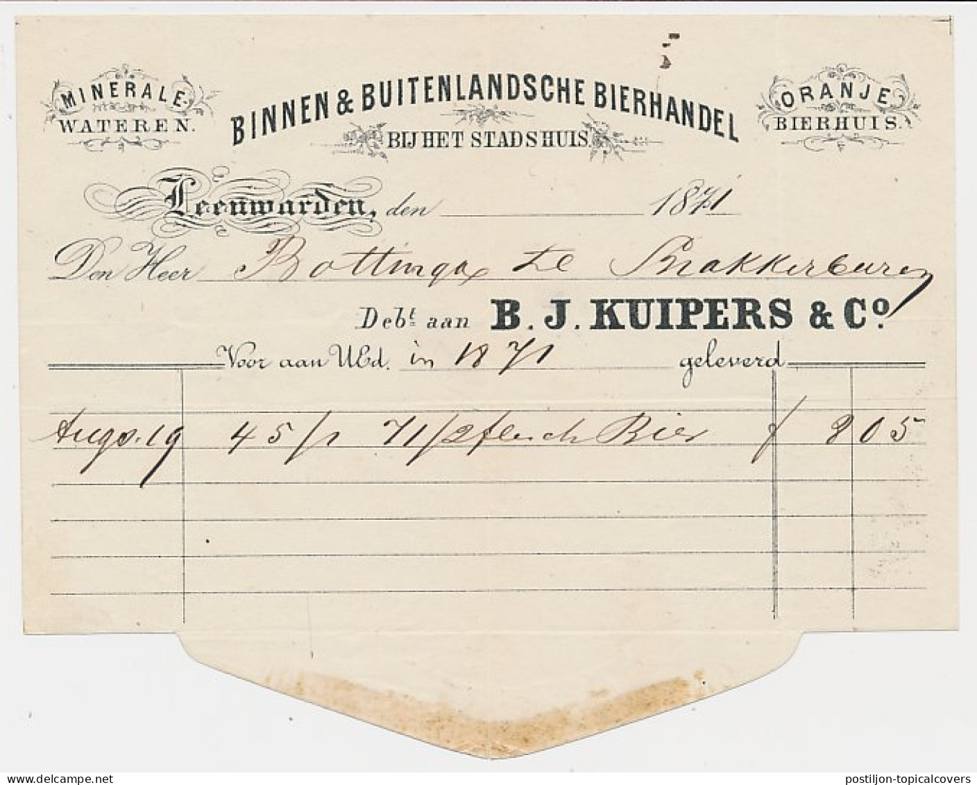 Nota Leeuwarden 1871 - Bierhandel - Minerale Wateren - Bierhuis - Pays-Bas