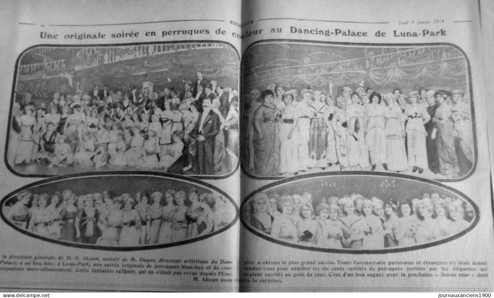 1914 EXCELSIOR ARTICLE DE PRESSE DANCING PALACE AKOUN DUQUE PERRUQUE 1 JOURNAL - Glasdias