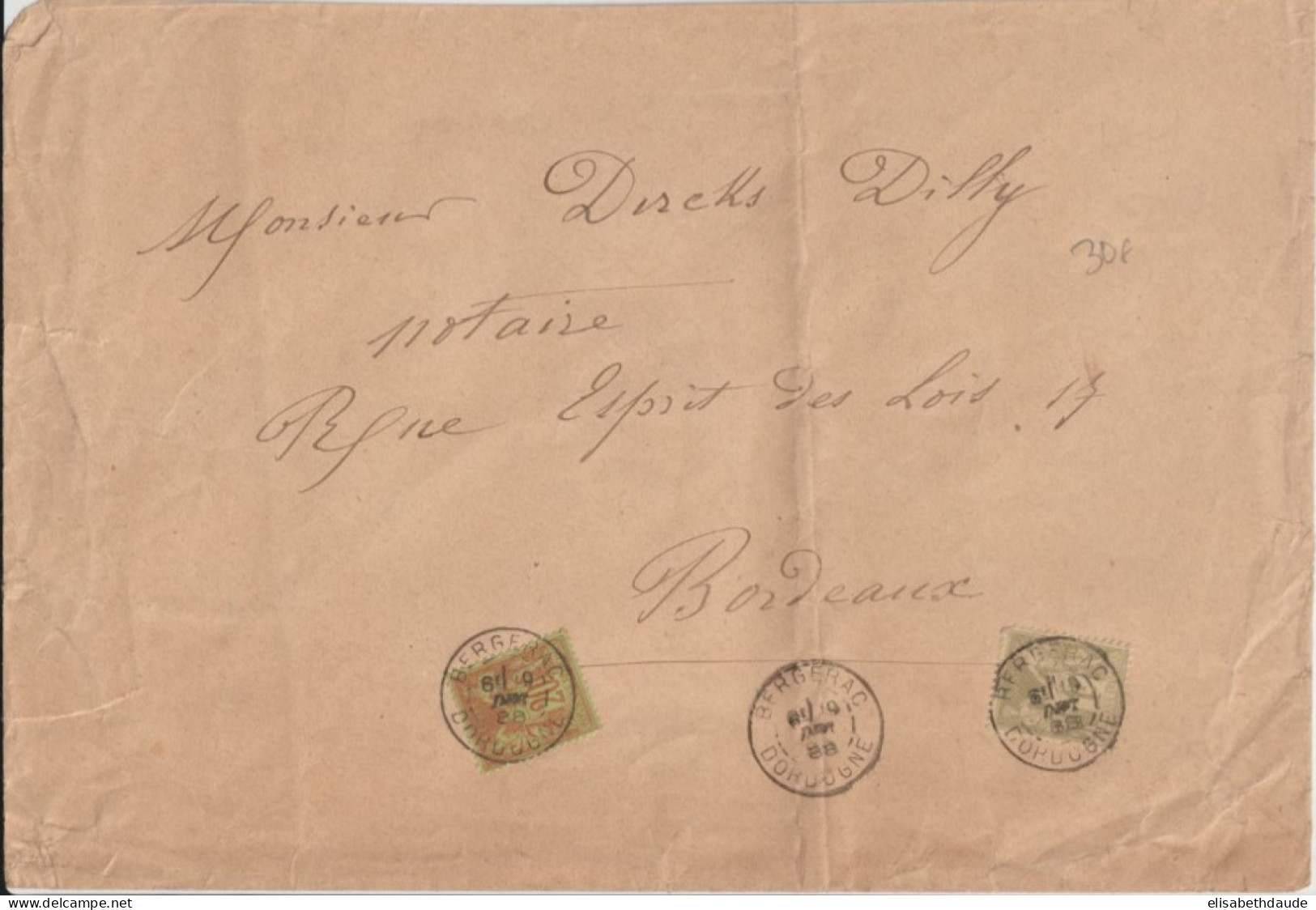 1888 - SAGE - TARIF 1F20 !! ENVELOPPE De BERGERAC (DORDOGNE) => BORDEAUX - 1876-1898 Sage (Type II)